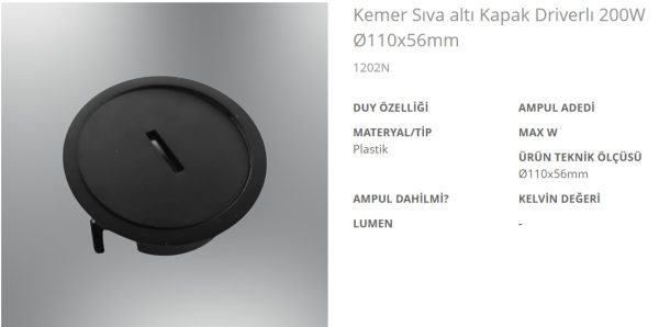 Özcan 1202N Kemer Sıva altı Kapak Driverlı 200W Ø110x56mm Özcan 1202N Kemer Sıva Altı Kapak Driverlı 200W Ø110x56mm