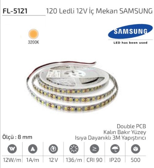 Forlife FL-5121 3200K 120 LED’li 12V Samsung LED’li İç Mekan Şerit LED