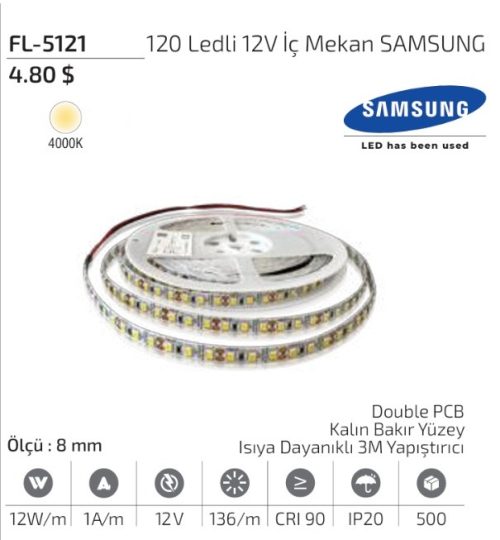 Forlife FL-5121 4000K 120 LED’li 12V Samsung İç Mekan Şerit LED