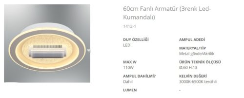 Özcan 1412-1 60cm Fanlı LED Armatür (3 Renk Kumandalı)