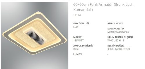 Özcan 1412-2 60x60cm Fanlı LED Armatür (3 Renk Kumandalı)