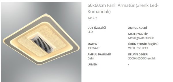 www.ozgurenerjielektrik.com.1412-2 Özcan 1412-2 60x60cm Fanlı LED Armatür (3 Renk Kumandalı)