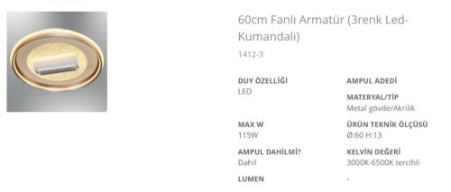 Özcan 1412-3 Storm 60cm Fanlı LED Armatür (Kumandalı)