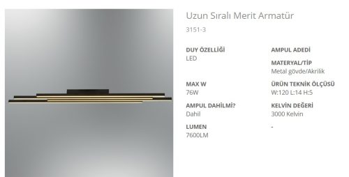 www.ozgurenerjielektrik.com.3151-3 Özcan 3151-3 Uzun Sıralı Merit LED Armatür