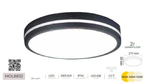 www.ozgurenerjielektrik.com.mol8332 MOLLED 8832 24W 3CCT LED Dış Mekan Tavan Armatürü Siyah Kasa IP54