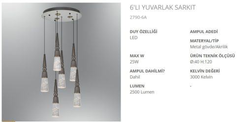 www.ozgurenerjielektrik.ozcan2790-6a-1 ÖZCAN 2790-6A 6’lı Yuvarlak Sarkıt LED Avize