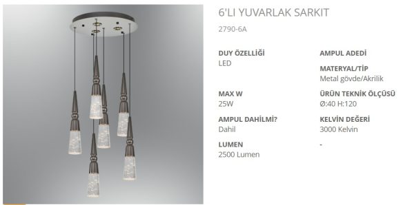 www.ozgurenerjielektrik.ozcan2790-6a-1 ÖZCAN 2790-6A 6’lı Yuvarlak Sarkıt LED Avize