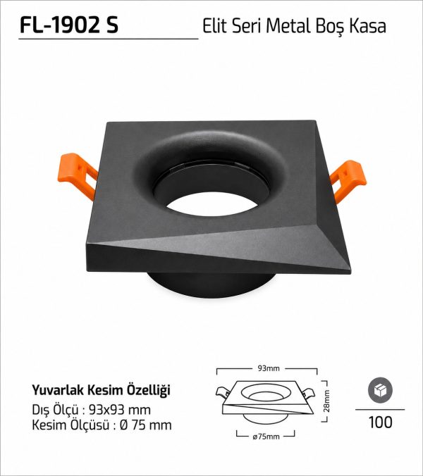 Forlife FL-1902 S Siyah metal sıva altı spot kasa modeli Forlife FL-1902 S Elit Seri Metal Boş Kasa 93x93 mm Siyah Spot Kasa
