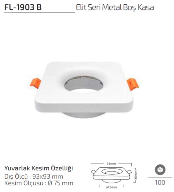 Forlife FL-1903 B Beyaz metal sıva altı spot kasa modeli Forlife FL-1903 B Elit Seri Metal Boş Kasa 93x93 mm Beyaz Spot Kasa