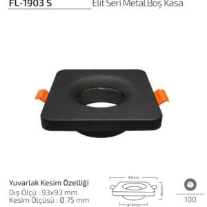 Forlife FL-1903 S Siyah metal sıva altı spot kasa modeli Forlife FL-1903 S Elit Seri Metal Boş Kasa 93x93 mm Siyah Spot Kasa