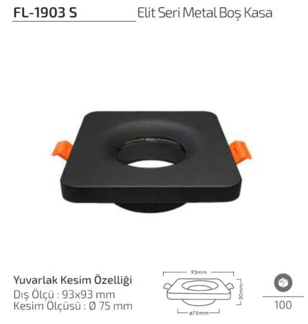 Forlife FL-1903 S Siyah metal sıva altı spot kasa modeli Forlife FL-1903 S Elit Seri Metal Boş Kasa 93x93 mm Siyah Spot Kasa