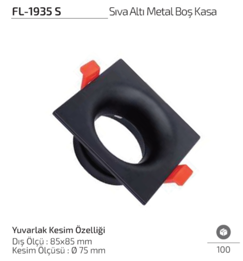 Forlife FL-1935 S Siyah Kare Sıva Altı Metal Boş Spot Kasa 85x85 mm
