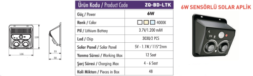 Fuji LED ZQ-BD-LTK sensörlü solar Fuji LED ZQ-BD-LTK 6W Sensörlü Solar Aplik 4000K