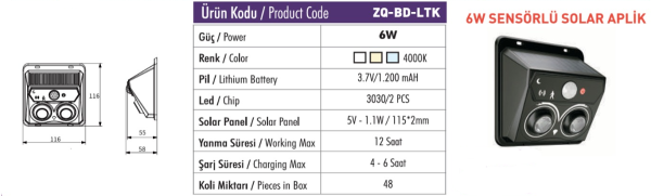 Fuji LED ZQ-BD-LTK sensörlü solar Fuji LED ZQ-BD-LTK 6W Sensörlü Solar Aplik 4000K