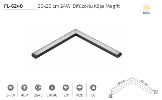www.ozgurenerjielektrikcom.FL-6240-4k Forlife, FL-6240, Köşe Magfit, Difüzörlü Köşe Armatür, 24W Magfit, 4000K Magfit, 48V Manyetik Ray, L Köşe LED, CRI90, Lineer LED, Mimari Aydınlatma, Köşe Aydınlatma